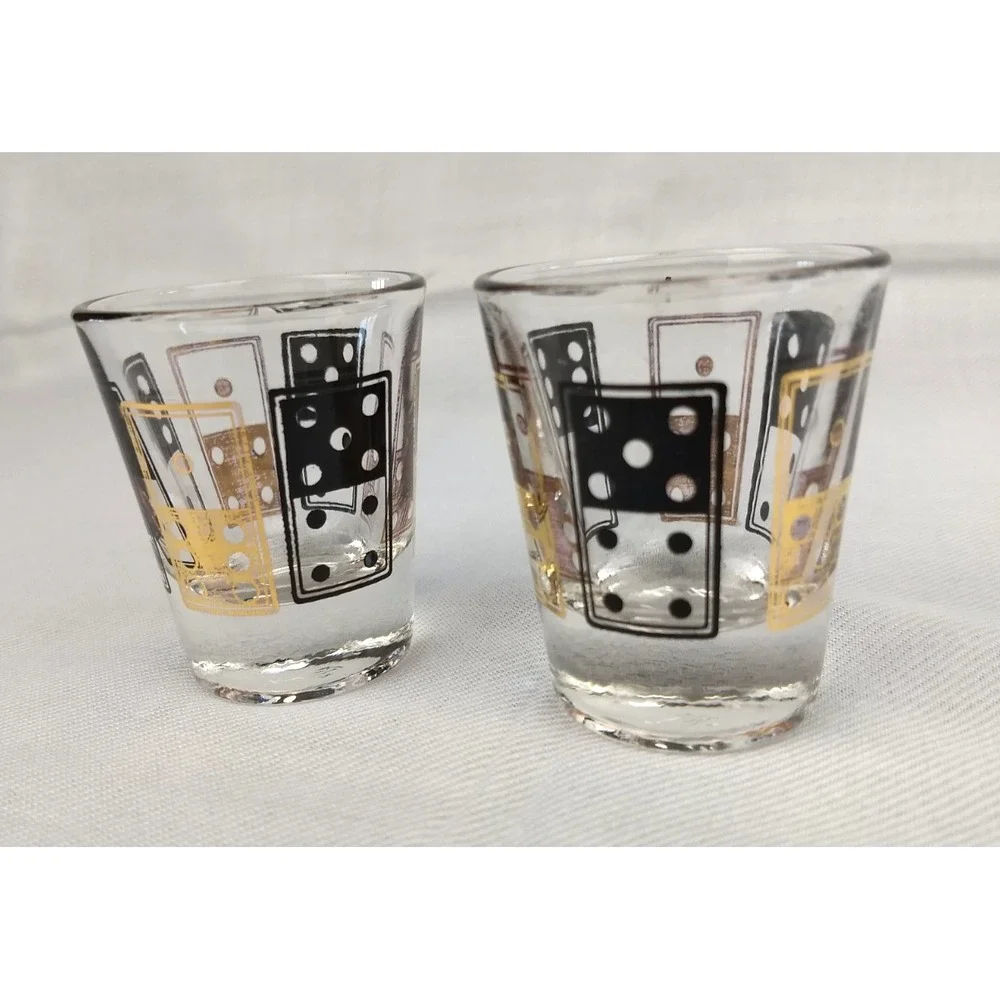 Vintage Anchor Hocking Shot Glasses Black & Gold Dice‎ Domino 1oz